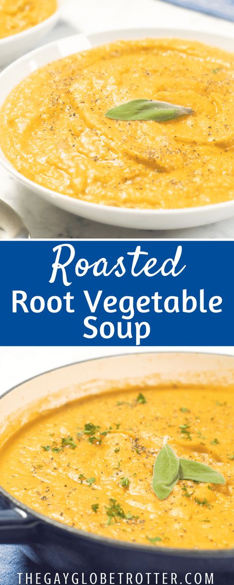 Roasted root vegetable soup has all the great flavors of roasted root vegetable medley. It's the perfect winter soup - made with sweet potatoes, butternut squash, turnips, carrots, parsnips, and onions. It's the perfect vegan, vegetarian vegetable soup recipe! #gayglobetrotter #vegetablesoup #rootvegetablesoup #roastedrootvegetablesoup #rootvegetablesouprecipe #soup #souprecipe Roasted Root Vegetable Soup, Carrot Potato Soup, Carrot And Parsnip Soup, Vegetarian Vegetable Soup, Vegetable Puree Soup, Turnip Soup, Roasted Turnips, Root Vegetable Soup, Roasted Vegetable Soup