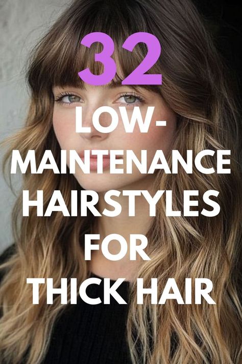 32 Low-Maintenance Haircuts For Thick Hair headline over an image of Long Waves with Bangs Haircut on a young woman with ombre brown to blonde hair. Waves With Bangs, Short Haircuts For Thick Hair, Hair Without Bangs, Thick Locks, Low Maintenance Short Haircut, Thick Bangs, Get Thicker Hair, Haircuts For Thick Hair, Low Maintenance Haircut