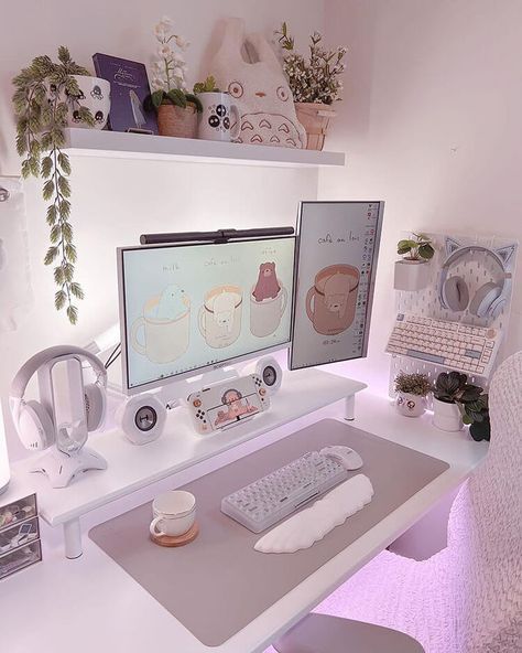 Work And Gaming Desk Setup, Womens Gaming Setup, Cute Set Up, Computer Set Up, Gaming Set Up, Pc Set Up, Decorating Desk, Cute Gaming Setup, Aesthetic Gaming Setup