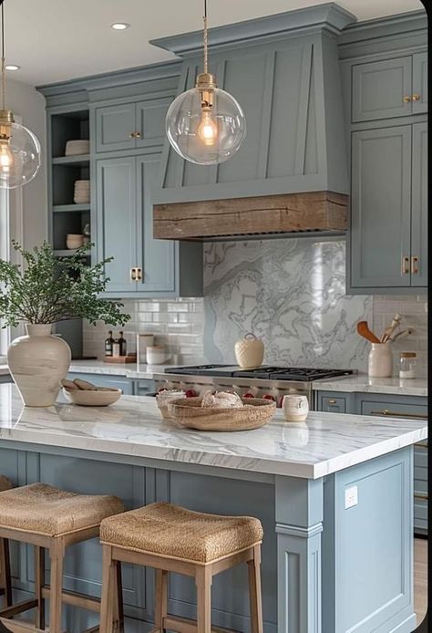 Kitchen Design With Color, Blue Cabinet Kitchen Ideas, Redone Kitchen Cabinets, Blue Aesthetic Kitchen, Kitchen Colors 2024, Unique Kitchen Color Ideas, Southern Grandmillenial, Color Cabinets Kitchen, Blue Kitchens Ideas