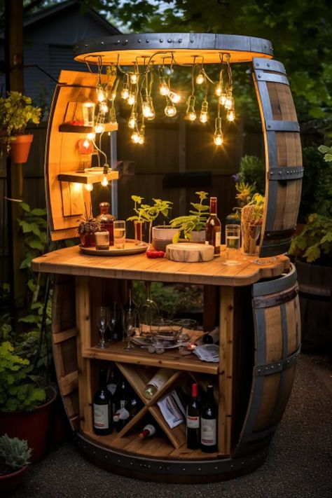 Wine Barrel Bar Ideas, Barrel Decor Ideas, Wine Barrel Ideas, Unique Bar Ideas, Outdoor Wine Bar, Small Bar Ideas, Corner Wine Bar, Conversation Corner, Barrel Crafts