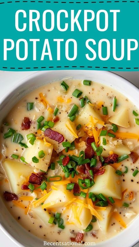 Cheesy Crockpot Potato Soup for a rich and comforting meal! This recipe combines tender potatoes with a creamy, cheesy broth for a soup that's perfect for any occasion. Ideal for family dinners and gatherings, this soup is sure to be a hit with everyone. With easy preparation and slow cooker simplicity, you can enjoy a delicious, homemade meal without the hassle. Save this pin for a cheesy crockpot potato soup recipe that will become a new favorite. Minimal Ingredient Crockpot Recipes, Baked Potato Soup Crock Pot, Potato Soup Crockpot Recipes, Potato Soup Crock Pot Easy, Crockpot Potato Soup, Easy Crockpot Soup, Crockpot Potato, Fall Crockpot Recipes, Crock Pot Potatoes