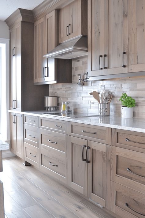 Wood Cabinets Gray Floor, Lighter Wood Kitchen Cabinets, Natural Wood Cabinets Kitchen Modern, Grey Stain Kitchen Cabinets, 2024 Wood Stain Trends, Kitchen Cabinets Stained Wood Colors, Ash Brown Cabinets Kitchen, Flooring And Cabinet Combinations, Grand Kitchen Design