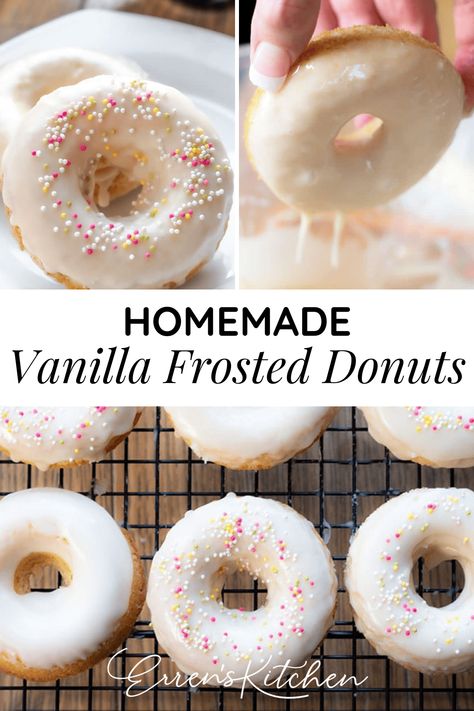 Baked Vanilla Donuts | Easy Homemade Donut Recipe | You don't need advanced baking skills to make perfect cake donuts. With this easy recipe, anyone can make them! Make soft, fluffy cake donuts with this easy recipe. These tasty Baked Vanilla Donuts are topped with glaze and decorated with sprinkles. Vanilla Glazed Donut, Vanilla Donut Icing, Vanilla Cake Donut Recipe, Vanilla Donut Frosting, Vanilla Frosted Donut, Homemade Donut Icing, White Chocolate Donut Glaze, Thick Donut Glaze, Easy Doughnut Glaze Recipe