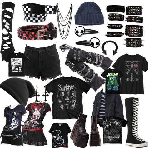 Emo Core Aesthetic Outfits, Emo Outfits Accessories, Emo But Not Emo Outfits, Alt Metal Fashion, Middle School Emo Aesthetic, Goth Scene Aesthetic, Emo Clothes Female, Hot Emo Outfit Ideas, Aesthetic Clothes Goth