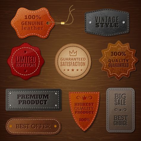 Free Vector | Leather label set Brown Clothes, Grunge Illustration, 귀여운 음식 그림, Diy Leather Projects, Retro Gadgets, Collection Design, Ornament Frame, Leather Label, Leather Luggage