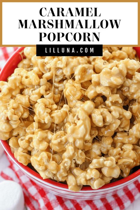 Deliciously gooey 5-minute Caramel Marshmallow Popcorn is simple, quick, and perfect for parties and holidays! #caramelmarshmallowpopcorn #caramelpopcorn #popcorn #caramelandmarshmallow #popcornrecipe Caramel For Popcorn Recipes, Marshmallow Popcorn Recipes, Popcorn Dessert Recipes, Carmel Popcorn Recipe, Yummy Popcorn Recipes, Holiday Popcorn Recipes, Popcorn Marshmallow, Christmas Popcorn Recipes, Marshmallow Caramel Popcorn