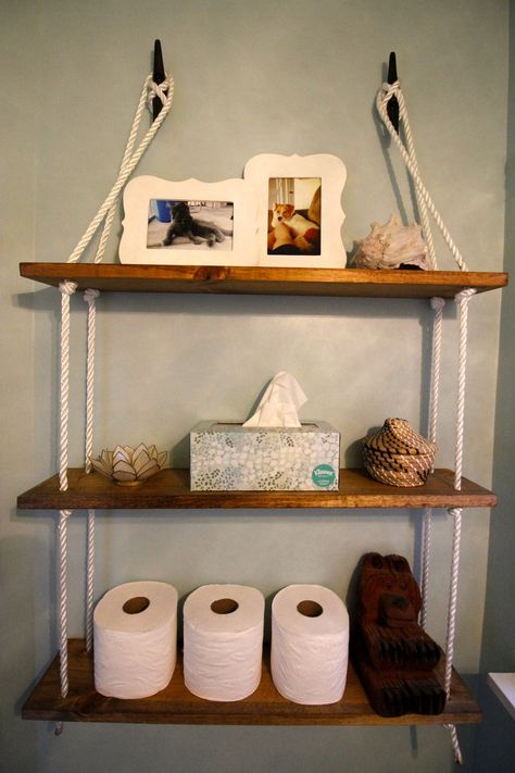 DIY Nautical Rope Shelving Tutorial - Charleston Crafted Nautical Shelves, Diy Open Shelving, Nautical Rope Mirror, Diy Nautical, Nautical Diy, Nautical Bathroom Decor, Bathroom Organization Diy, Nautical Bathrooms, Rope Shelves