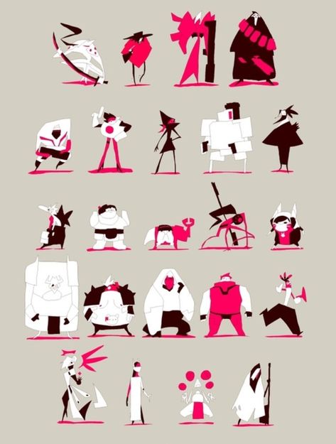 Character Variations Concept Art, Shapes In Character Design, Triangle Shape Language Character Design, Simple Shape Character Design, Triangle Shape Character Design, Shape Language Character Design Concept Art, Character Silhouettes Concept, Asymmetrical Character Design, Simplified Character Design