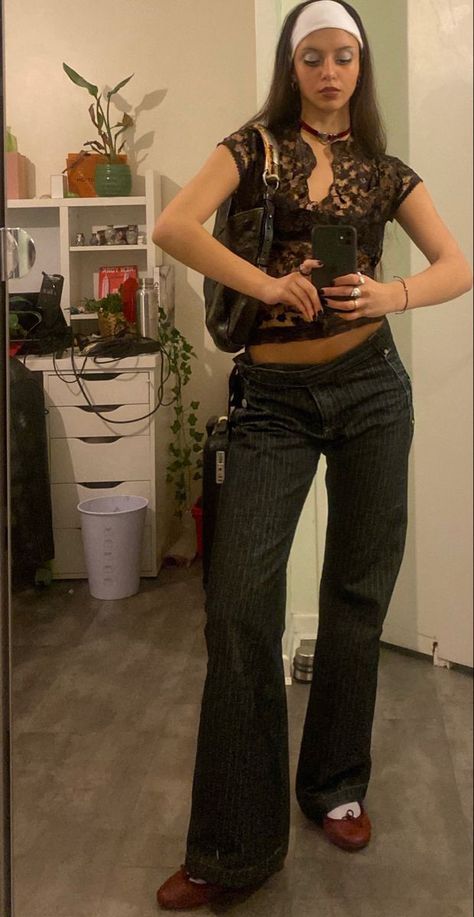 Pinstripe Pants Outfit Aesthetic, Lace Tshirt Outfit, Clubbing Outfits For Winter, Black Sheer Tights Outfit, Mazzy Star Outfit, Spring Evening Outfit, Edgy Feminine Outfits, Black Lace Outfit, Pinstripe Pants Outfit