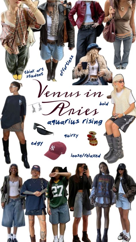 Venus in Aries Aquarius Rising Outfit Moodboard Aires Venus Fashion, Venus In Aquarius Style Outfits, Aquarius Venus Outfits, Aries Venus Fashion, Libra Rising Outfits, Venus In Aries Aesthetic, Aries Outfits Aesthetic, Aquarius Clothes, Aries Venus Outfits