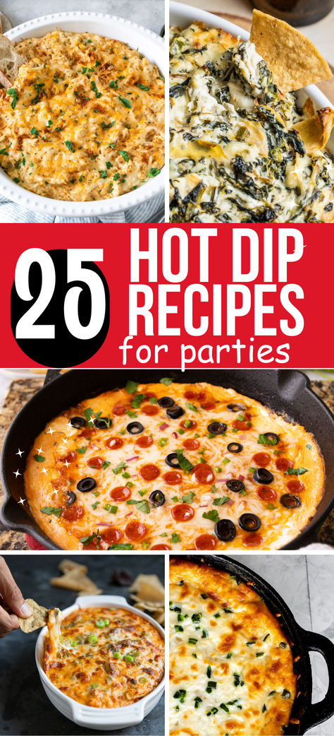 Photo collage of hot dip recipes for parties. Dip Recipes Oven, Pepperoncini Dip Recipes, Slow Cooker Chicken Dip, Hot Dip For Party, Best Hot Dip Recipes, Hot Dip Recipes For Parties, Potluck Dips Crockpot, Oven Dip Recipes, Dip For Party Crowd Pleasers