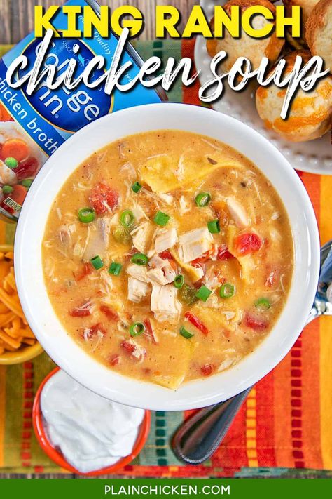 King Ranch Chicken Soup Recipe – THE BEST soup I’ve ever made! All the flavors of King Ranch Casserole in soup form. Rotisserie chicken (or leftover turkey), cream of chicken, cream of mushroom, Rotel tomatoes, spices, chicken broth, Velveeta, and corn tortillas. Ready in under 30 minutes. Can also make it a slow cooker. King Ranch Chicken Soup, Ranch Chicken Soup, Chicken Cream Of Mushroom, King Ranch Casserole, King Ranch Chicken Casserole, King Ranch Chicken, Ranch Casserole, Ranch Chicken Casserole, Tortilla Soup Recipe