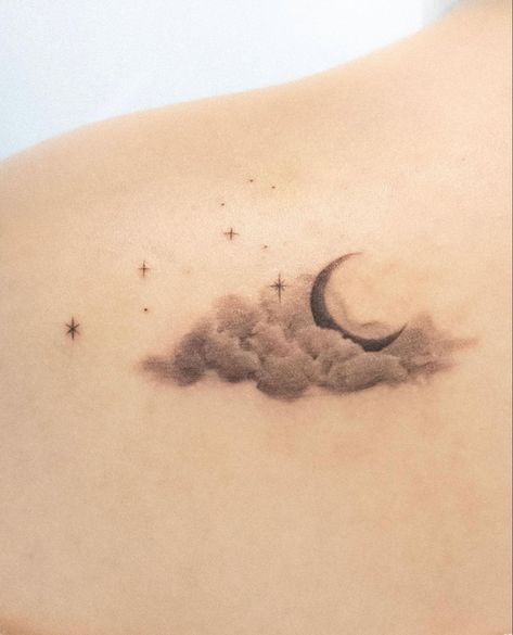 Clouds And Stars Tattoo, Thigh Piece Tattoos, Cloud Tattoo Design, Moon Star Tattoo, Luna Tattoo, Sky Tattoos, Full Moon Tattoo, Horoscope Tattoos, Cloud Tattoo