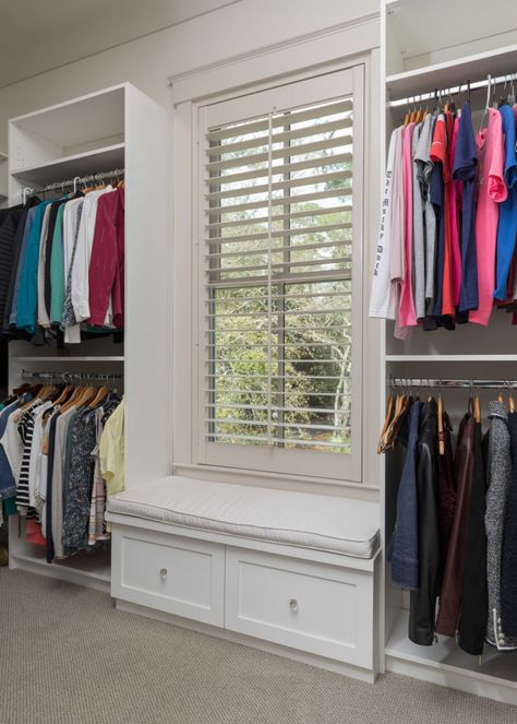 Her Master Closet, Master Walk In Closet, Walk In Closet Organization, Bench And Storage, Closet Bench, Master Closet Design, Walking Closet, Dream Closet Design, White Bench