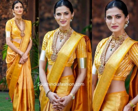 For a magazine cover shoot, Shilpa Reddy donned a mustard yellow kanjeevaram saree by Kankatala paired with traditional kundan jewellery by Tara Sri by Tibarumal Jewels. She looked gorgeous! Yellow Kanjeevaram Saree, Full Sleeves Saree Blouse, Mustard Yellow Saree, Magazine Cover Shoot, Shilpa Reddy, Saree Blouse Patterns, Yellow Saree, Wedding Sarees, Designer Saree Blouse Patterns