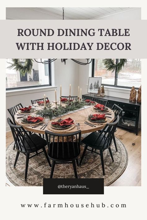 Round Table Xmas Decor, Round Holiday Table Setting, White Dinning Room Decor Ideas, Setting A Round Table For Christmas, Round Dinner Table Christmas Decor, Christmas Table Decorations For Round Tables, Round Table Christmas Decor Ideas, Round Table Setting Christmas, Christmas Decor Ideas Round Table