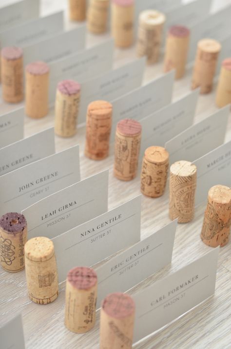 • On this #WeddingWednesday, I'm going to talk about a bunch of the additional small details that went into the wedding. Paper goods were a big deal, as you Diy Projektit, 카드 디자인, Wine Corks, Wedding Diy, Wedding Places, Wedding Seating, Wine Cork, Wedding Place Cards, Diy Wedding Decorations