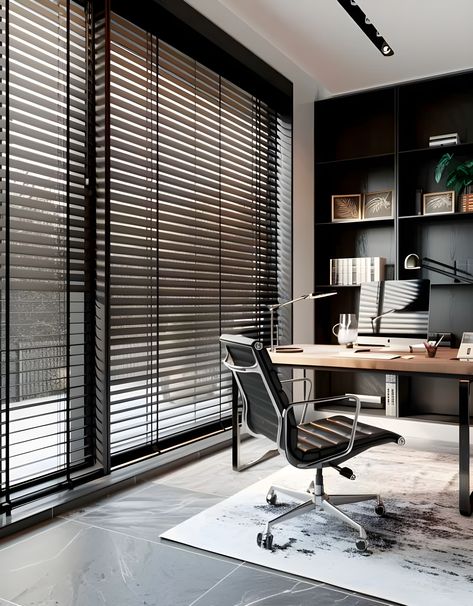 Black venetian blinds for a sophisticated home office. Black Venetian Blinds, Roll Blinds, Commercial Blinds, Masculine Home Office, Black Blinds, Office Curtains, Office Blinds, White Blinds, Modern Blinds