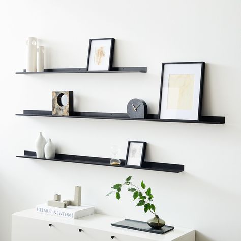 Floating Lines Metal Ledges | West Elm Long Black Floating Shelves, Black Metal Floating Shelves, Black Wood Floating Shelves, Shelves Above Credenza, Floating Shelves Office Decor, Metal Shelf Design, Game Shelves, Floating Display Shelves, Youtube Room