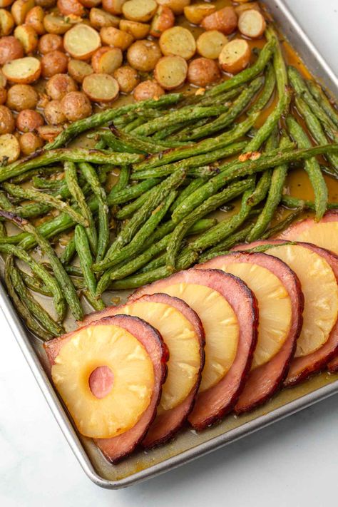 Easy Easter Dinner on a Sheet Pan - Girl Gone Gourmet Small Easter Dinner For 4, Clean Eating Easter Recipes, Clean Salads Healthy, Christian Easter Dinner Ideas, Grown Up Snacks, Dinner For Family Of Four, Ham Green Beans Potatoes Oven, Easter Fish Dinner Ideas, Easy Easter Finger Food Ideas