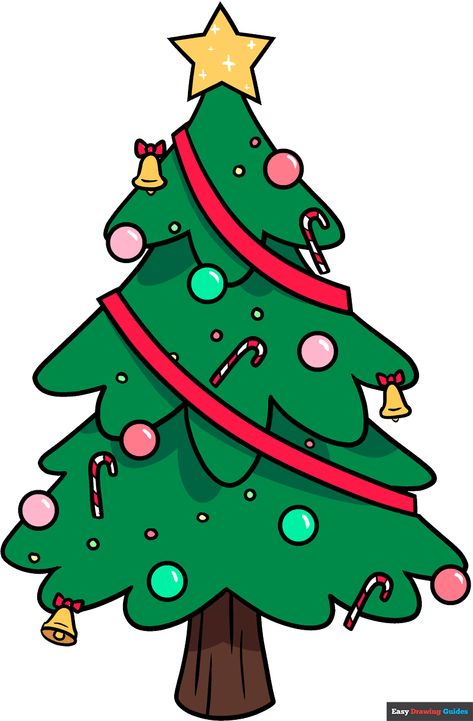 Christmas Tree For Drawing, Christmas Tree Reference Drawing, Christmas Draw Tree, Cute Xmas Tree Drawing, Cartoon Xmas Tree, Xmas Tree Drawing For Kids, Christmas Art Easy Drawing, Easy Christmas Designs To Draw, Christmas Ideas For Drawing