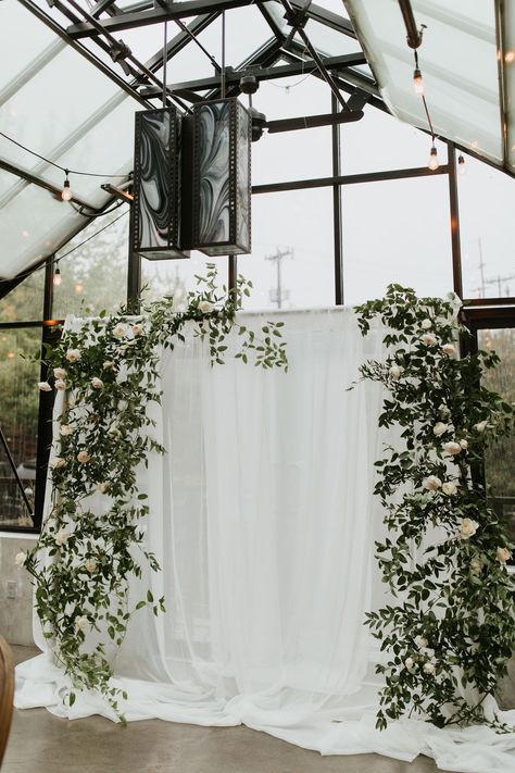 Ceremony Diy Backdrop, Wedding Floral Photo Backdrop, Wedding Alter Background, Trellis Backdrop Wedding, White Curtain Backdrop With Greenery, Wedding Ceremony Curtain Backdrop, Indoor Wedding Ceremony Decorations Backdrops, Eucalyptus Wedding Backdrop, White Backdrop Wedding Ceremony