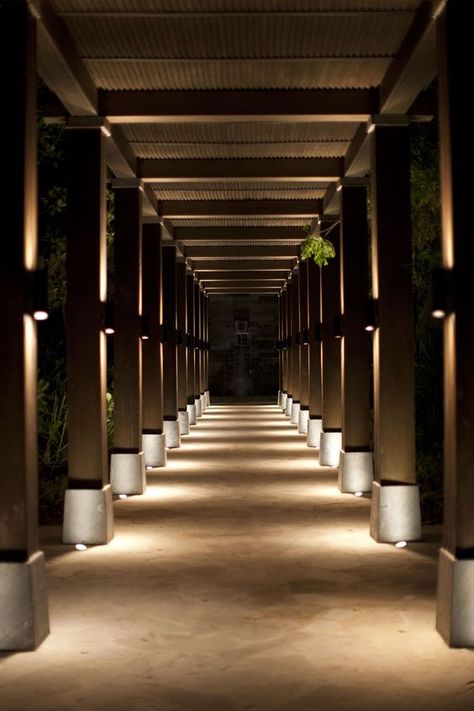 Wall mount up down lights, series of columns, corridor Landscaping Lighting, Column Lighting, Hotel Corridor, Hotel Light, Landscape Lighting Design, Corridor Design, Architectural Lighting Design, Corridor Lighting, Facade Lighting