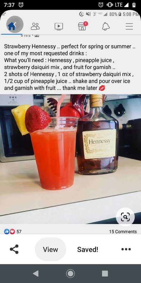 Hennessy Mixed Drinks Recipes, Drinks Made With Hennessy, Henny Drinks Recipes, Strawberry Hennessy Drink Recipe, Hennessy Drinks Recipes, Hennessy Mixed Drinks, Strawberry Hennessy, Hennessy Drinks, Fun Drinks Alcohol