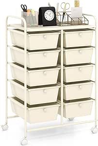 HAPPYGRILL 10-Drawer Rolling Storage Cart, Storage Organizer Cart with Lockable Wheels, Beauty Salon Movable Utility Cart for School, Office, Home, (Ivory) Rolling Cart With Drawers, Framed Scrapbook Paper, Drawer Cart, Rolling Utility Cart, Organization Cart, Craft Cart, Craft Storage Organization, Rolling Storage Cart, Wood Hanger