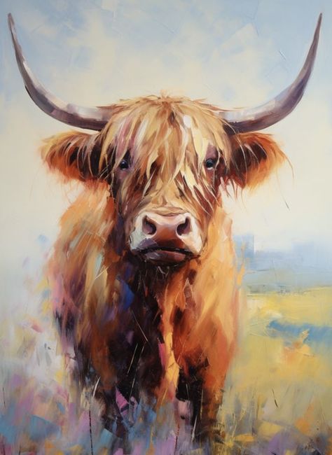 Hiland Cow Painting, Painted Highland Cow, Watercolour Highland Cow, Highland Cow Painting Easy, Scottish Highland Cow Art, Highland Cattle Art, Highland Cow Drawing, Highland Cow Watercolour, Cow Bedroom