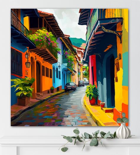 Vibrant Colombian Art Canvas Print | Colombia Wall Decor | Framed and Metal Options | Unique Home, Kitchen Wall Art | Ready-to-Hang Each artwork in our collection is printed on museum-quality materials, ensuring every print endures the test of time.  Available Sizes: Select from a variety of dimensions including 10x10, 12x12, 14x14, 16x16, 18x18, 20x20, 24x24, 30x30, 32x32, 36x36 inches.  Use the drop-down menu at checkout to make your selection or contact us for custom sizing options. Styles: * Colombian Decor, Latina Art, Colombian Art, Latino Art, Colombian Women, Women Painting, Vibrant Wall Art, Unique Home, Woman Painting