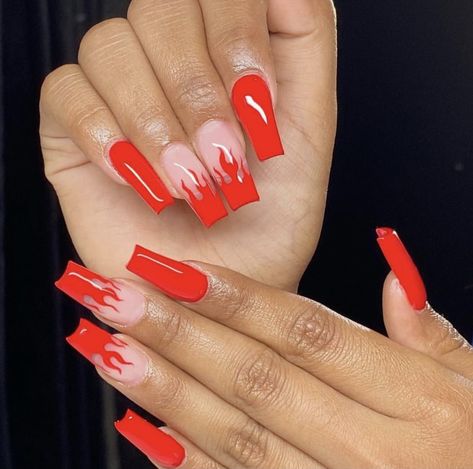 Red Orange Nail Designs Summer, Orange Flame Nails, Red Flame Nails, Red Nail Designs Summer, Red Orange Nails, Clear Nail Designs, Bright Red Nails, Brown Acrylic Nails, Red Nail Art