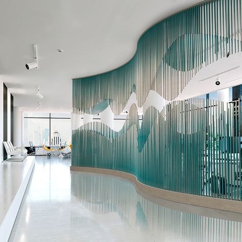 Modern Wall Installation, Ombre Interior Design, Alternation Rhythm Interior Design, Pole Design Interior, Waves Interior Design, Water Inspired Interior Design, Water Interior Design Concept, Water Element Interior Design, Gradient Interior Design