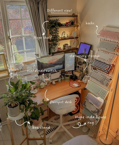 Small Space Pc Setup, Decorating Work Desk, Craft Table Set Up, Boho Pc Setup, Desk Setup In Front Of Window, Drawing Tablet Desk Setup, Cottagecore Desk Setup, Computer Set Up, Study Desk Inspiration