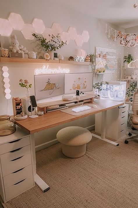 goldenmirmy♡'s Amazon Page Aesthetic Desk Stationary, Artist Desk Workspaces Home Office, Home Pc Setup, Double Monitor Desk Setup Aesthetic, Cozy Gamer Office, Small Room And Office Combo Ideas, How To Make Desk Aesthetic, Desktop Room Ideas, Office Hobby Room Ideas