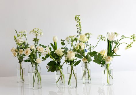 greens that work well in mini bud vases - Yahoo Image Search Results Bud Vase Arrangements, Bud Vases Wedding, Bud Vases Arrangements, Bud Vase Centerpiece, Foliage Arrangements, Table Garland, No Thanks, Wedding Vases, Vase Arrangements