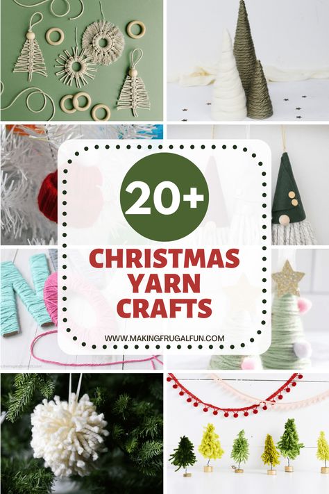 Use up those yarn scraps with these fun Christmas yarn crafts ideas! Find yarn crafts for kids and adults for the whole Christmas season! Christmas Yarn Crafts | Christmas Yarn Craft Ideas | Yarn Ornaments | Yarn Trees | Christmas Yarn Crafts for Adults | Christmas Crafts for Adults | Making Frugal Fun Xmas Crafts With Yarn, Yarn Tree Ornaments Diy Christmas, Yarn Xmas Decorations, Easy Diy Yarn Ornaments, Easy Yarn Gifts, Christmas Crafts Using Yarn, Diy Christmas Ornaments Yarn, Christmas Crafts With Yarn For Kids, One Handed Crafts For Adults