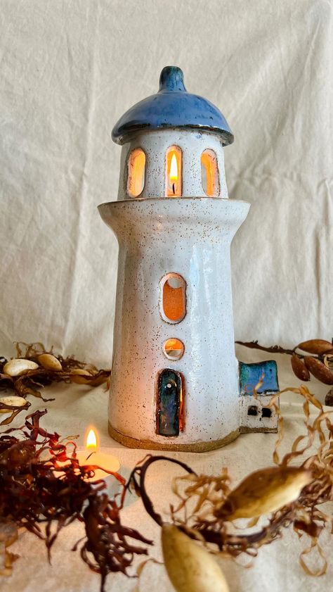 For everyone waiting for their ordered Tealight Lighthouse, next week they will get there final firing. If u would like to order for the… | Instagram Ceramic Light Sculpture, Ceramics Lantern Ideas, Ceramics Trinkets, Pottery Lighthouse, Clay Lighthouse, Lighthouse Ceramic, Ceramics House, Ceramic Ideas Pottery, Ceramic Lighthouse