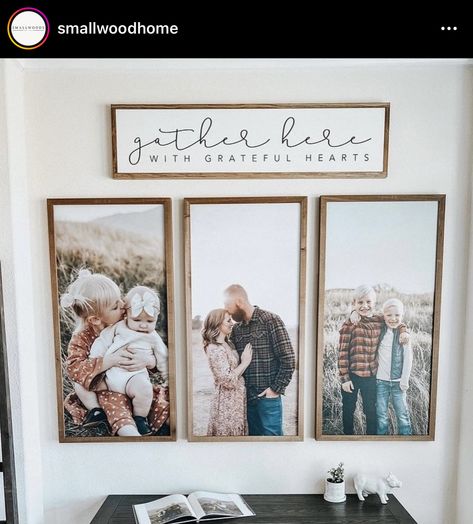 Canvas Portrait Wall Layout, Small Woods Pictures Living Room, Large Picture Wall Ideas, Framed Family Photos, Small Wood Pictures, Wedding Photo Wall Display, Family Photos Wall Decor, Douglas House, Couch Wall Decor