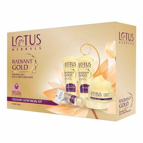 Lotus Herbal Radiant Gold Cellular Glow Facial Kit Description Lotus Herbals Radiant Gold Facial Kit contains: One Radiant Gold Exfoliating Cleanser - this creamy exfoliating cleanser boosts radiance and brightens the texture level by deep cleansing the skin, papaya and horse chestnut extracts help in relieving the skin from any kind of rashes and irritation in addition to providing flawless, smooth and supple skin, one radiant gold activator - a unique and revolutionary gold activator designed to dissolve 24K pure gold leaves in skin, it encourages cell turnover and maintains skin's elasticity without making the skin dry or rough. One radiant gold massage creme with gold leaves - this ultra luxurious massage creme enriched with gold leaves particles, revives the inner layers of skin, repl Natural Skin Glow, Gold Facial Kit, Gold Facial, Facial Kit, Glowing Face, Glow Skin, Exfoliating Cleanser, Chestnut Horse, Skin Glow