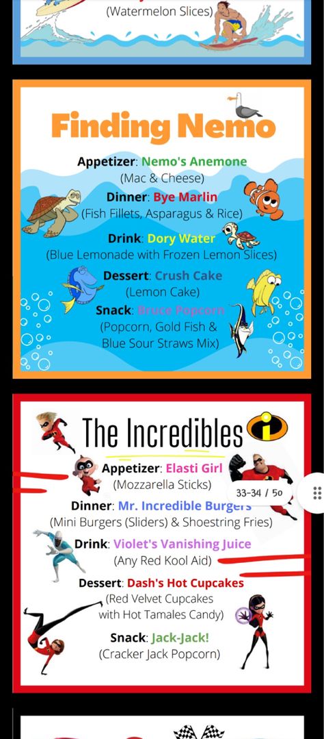 Disney Movie Night Menu Finding Nemo, Daycare Movie Day Ideas, Finding Nemo Themed Dinner, Nemo Dinner And A Movie, Disney Dinner Ideas Movie Nights, Finding Nemo Movie Night Food, Avatar Themed Dinner, Family Movie Dinner Night, Disney Movies Food Recipes