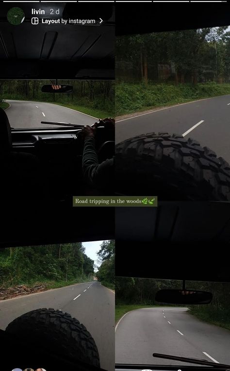 An Instagram story layout with pictures of the road and woods taken from inside a jeep Trip Aesthetic Captions, Car Travel Instagram Stories, Trip Stories Instagram, Road Trip Quotes Instagram, Off Roading Captions, Trip Post Caption, Car Aesthetic Instagram Story, Nature Trip Captions For Instagram, Aesthetic Road Trip Pictures