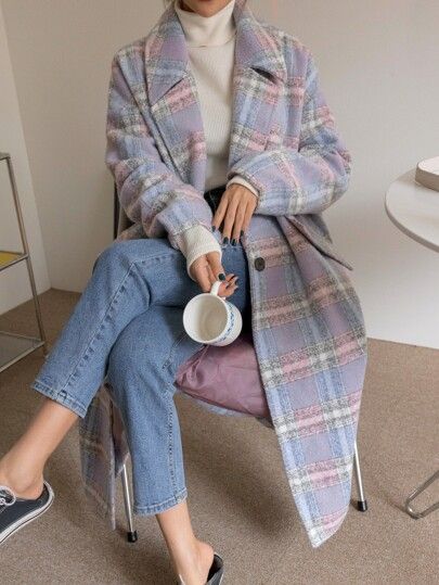 Pastel Plaid, Mode Abaya, Women Overcoat, Long Trench, Oversized Coat, Dressy Casual, Preppy Outfits, Winter Fashion Outfits, Long Coat