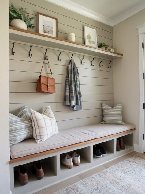 21 Entryway Bench Ideas – The DIY Desire Mudroom Benches Ideas, Entry Way Built In With Bench, Laundry Room Bench Ideas, Diy Wall Bench Seating With Storage, Locker Bench Seat, Entryway Ideas By Stairs, Entryway Bench Decor Farmhouse, Bench With Hooks Entryway, Entry Table And Bench