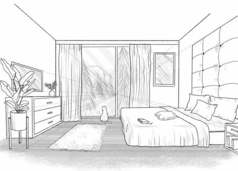 How To Draw A Bed In One Point Perspective, 1 Point Perspective Interior Design, Perspective Drawing Room Interior Design, Bedroom In One Point Perspective, 1point Perspective Drawing Room, 1 Perspective Room, Interior Design One Point Perspective, How To Draw Room Design, One Way Perspective Drawing