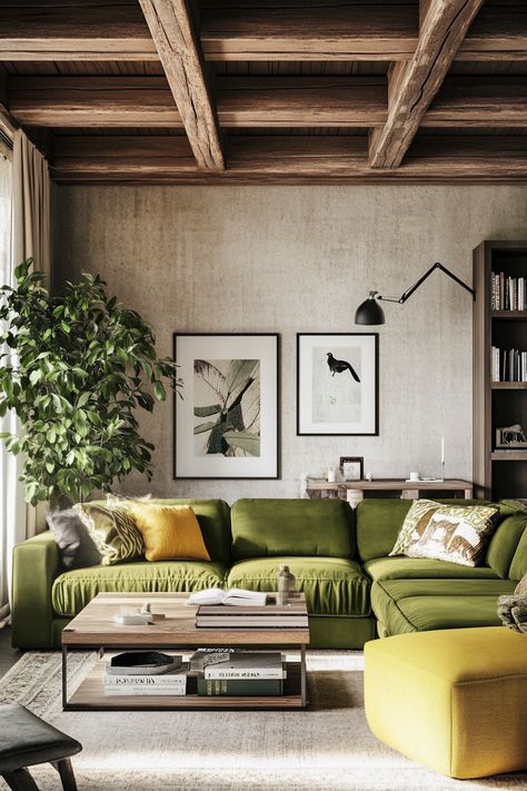 Transform your space with this vibrant living room decor. The bold green sofa and natural wood elements create a warm, inviting atmosphere. Perfect for relaxation and style. #InteriorDesign #HomeDecor #LivingRoomDecor Green Sofa Aesthetic, Living Room Design Green, Green Velvet Sofa Living Room, Jungalow Decor, Cozy Setup, Green Couch Living Room, Green Sofa Living Room, Cozy Living Room Decor, Vibrant Living Room