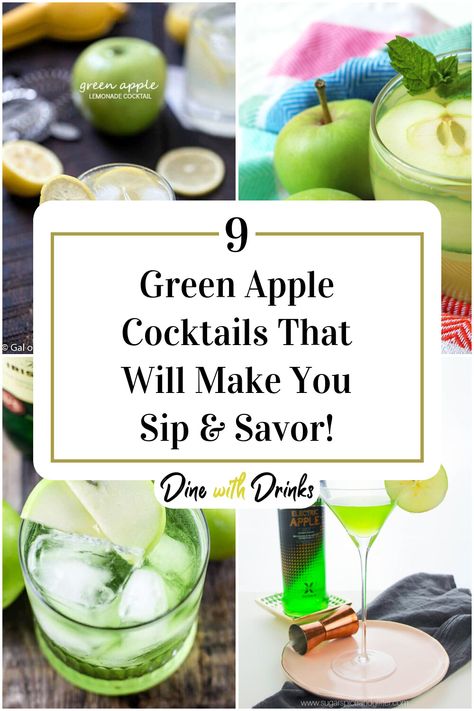 Collage of 4 green apple cocktails. Drinks With Sour Apple Pucker, Green Apple Ciroc Mixed Drinks, Green Apple Cocktail Recipes, Green Apple Schnapps Drinks, Green Apple Vodka Cocktails, Green Apple Pucker Drinks, Sour Apple Schnapps Drinks, Green Apple Alcohol Drinks, Green Apple Drinks Alcohol