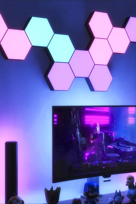 Light Up Hexagon Tiles, Gaming Lights Design, Hexagon Wall Lights, Hexagon Lights Wall Design, Gamer Room Design Modern, Rgb Room Ideas, Led Light Strip Ideas Bedrooms, Gaming Room Lights, Lights For Boys Bedroom