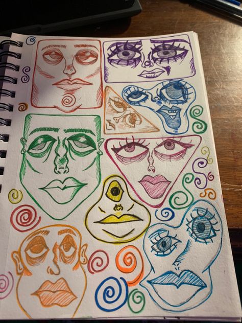 Cool Beginner Drawings, Easy Art For Sketchbook, Pin Drawings Ideas, Cool Art Canvas Ideas, Faces Abstract Art, Weird Things To Draw Easy, Funky Things To Paint, Fun Designs To Draw Patterns, Earthy Sketchbook Ideas